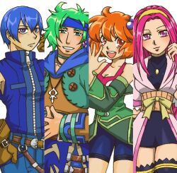 2boys 2girls :3 aine_(hoshi_wo_miru_hito) asymmetrical_hair belt belt_buckle black_dress black_thighhighs blue_cape blue_eyes blue_hair blue_headband blue_jacket blue_pants blue_shorts bow brown_belt brown_gloves brown_shirt buckle buttons cape closed_mouth coat collarbone commentary_request cowboy_shot detached_sleeves dress eri_muuton expressionless frown gloves green_hair green_jacket green_sleeves grey_sleeve_cuffs grin hair_between_eyes hair_bobbles hair_ornament hairband hand_in_own_hair hand_on_own_hip happy headband hoshi_wo_miru_hito jacket jewelry lace lace-trimmed_thighhighs lace_trim light_blush lips long_hair long_sleeves looking_at_viewer lowres messy_hair minami_(hoshi_wo_miru_hito) misa_(hoshi_wo_miru_hito) multiple_boys multiple_girls necklace open_clothes open_jacket open_mouth orange_eyes orange_hair own_hands_together pants pink_coat pink_eyes pink_hair pink_lips pink_tank_top pocket purple_eyes shiba_(hoshi_wo_miru_hito) shirt short_dress short_hair shorts simple_background sleeveless sleeveless_jacket smile standing stargazer_(series) straight_hair tank_top tareme teeth thighhighs turtleneck turtleneck_dress turtleneck_jacket upper_teeth_only very_long_hair waist_bow white_background wide_sleeves wrist_belt yellow_bow yellow_hairband zettai_ryouiki zipper zipper_pull_tab