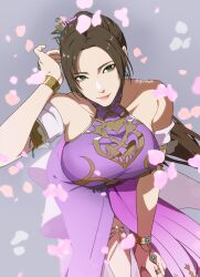 1girl bare_shoulders bracelet breasts brown_hair china_dress chinese_clothes detached_sleeves diao_chan diao_chan_(shin_sangoku_musou) dress falling_petals gold_trim green_eyes grey_background highres igusaharu jewelry large_breasts long_hair looking_at_viewer parted_bangs petals pink_lips ponytail purple_dress shin_sangoku_musou shin_sangoku_musou_origins side_slit smile solo twitter_username upper_body