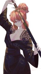 1girl backlighting breasts chopsticks cleavage from_side hair_between_eyes hair_bun highres holding holding_sword holding_weapon irezumi ishmael_(project_moon) kurokumo_clan_(identity)_(project_moon) limbus_company looking_at_viewer orange_eyes orange_hair project_moon sheath slw1857 solo sword tattoo unsheathing weapon wide_sleeves