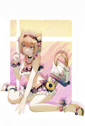 1girl animal_ear_fluff animal_ears bag bikini black_bikini black_hairband blue_eyes breasts brown_hair cat_ears cat_girl cat_tail commentary green_eyes hairband heterochromia highres holding holding_with_tail honkai_(series) honkai_impact_3rd mrruaaa official_alternate_costume pardofelis pardofelis_(midsummer_collector) prehensile_tail sandals short_hair simple_background sitting smile solo stomach swimsuit symbol-only_commentary tail wariza