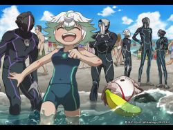 6+boys 6+girls alternate_costume banana barefoot beach bikini black_bodysuit black_hair blue_sky blue_swim_trunks blush bodysuit bondrewd breasts brown_hair closed_eyes cloud colored_skin commentary_request covered_navel creature dated flipped_hair food fruit full_body green_hair grey_skin gyarike hair_between_eyes highres hisatago letterboxed made_in_abyss mask masked meinya_(made_in_abyss) multiple_boys multiple_girls ocean open_mouth outdoors people prushka red_slingshot_swimsuit sitting sky slingshot_swimsuit small_breasts smile standing surfing swimsuit walking water whistle whistle_around_neck white_hair