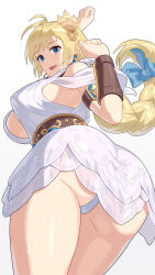 1girl ancient_greek_clothes blonde_hair blue_eyes braid breasts cleavage earrings greco-roman_clothes highres jewelry large_breasts long_hair looking_at_viewer looking_back open_mouth panties pantyshot single_braid solo sophitia_alexandra soul_calibur underwear white_background yagi2013