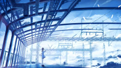 Rule 34 | 1girl, black shoes, blue eyes, blue sailor collar, blue sky, blue theme, blue trim, brown hair, cable, cardigan, cloud, cloudy sky, commentary request, day, feathers, full body, hand up, highres, industrial pipe, long sleeves, mary janes, original, outdoors, overhead line, pleated skirt, power lines, railing, sailor collar, scenery, school uniform, serafuku, shirt, shoes, short hair, shurock, skirt, sky, socks, solo, train station, train station platform, white shirt, white skirt, white socks