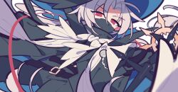 1boy ahoge arknights black_cape black_hat black_shirt blue_hat blurry blurry_foreground cape commentary_request grey_background hat highres holding holding_weapon long_hair looking_at_viewer male_focus mask parted_bangs red_eyes shirt simple_background solo ulpianus_(arknights) weapon white_hair ym_dpl