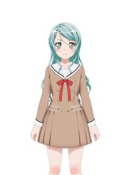1girl anime_coloring aqua_hair arms_at_sides bang_dream! brown_dress buttons closed_mouth collarbone double-breasted dress feet_out_of_frame green_eyes hanasakigawa_school_uniform hikawa_sayo long_hair long_sleeves looking_at_viewer neck_ribbon official_art red_ribbon ribbon sailor_dress school_uniform solo standing straight-on tachi-e tareme transparent_background winter_uniform