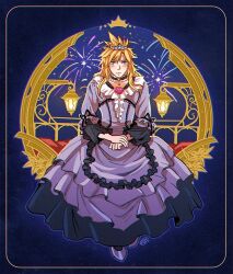 Rule 34 | 1boy, blonde hair, blush, choker, cloud strife, cloud strife (ball gown), crossdressing, crossdressing (mtf), diana mercolini, dress, dress flower, final fantasy, final fantasy vii, final fantasy vii remake, flower, frilled dress, frills, full body, hair between eyes, lantern, long dress, long hair, male focus, official alternate costume, own hands together, pendant choker, purple dress, purple shoes, ribbon choker, shoes, solo, spiked hair, tiara, wavy hair