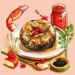 bowl bread can crab food food_art food_focus issiki_toaki jar no_humans official_art original pink_background plant plate sauce shrimp simple_background spoon tomato