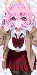 1girl absurdres ahoge black_pantyhose blue_hair blue_nails blush breasts brown_cardigan cardigan double_v grizzace hair_intakes highres idolmaster idolmaster_cinderella_girls large_breasts long_sleeves looking_at_viewer multicolored_hair multicolored_nails neck_ribbon open_mouth pantyhose pill pink_eyes pink_hair pink_nails pleated_skirt red_ribbon red_skirt ribbon school_uniform shirt short_hair skirt solo tears two-tone_hair v white_shirt yellow_nails yumemi_riamu