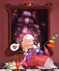 1girl ascot bat_wings blonde_hair bow crystal crystal_wings dress flandre_scarlet food hat hat_ribbon heart highres long_hair mob_cap multiple_girls on_floor puffy_short_sleeves puffy_sleeves red_eyes remilia_scarlet ribbon short_hair short_sleeves siblings side_ponytail sisters sitting skirt sleepymausu smile spoken_heart touhou wings