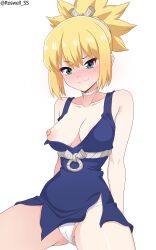 1girl absurdres blonde_hair blue_dress blue_eyes blush breasts cameltoe choker collarbone commentary commentary_request dr._stone dress english_commentary highres kohaku_(dr._stone) medium_breasts medium_hair mixed-language_commentary nipples panties roswell_ss sitting solo thighs twitter_username underwear wardrobe_malfunction white_choker white_panties