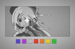 Rule 34 | 1girl, beret, border, commentary request, crying, crying with eyes open, diffraction spikes, film grain, floating hair, frown, greyscale, haikai shikou shugi (utau), hair ornament, hairclip, hat, long hair, looking at viewer, momone momo, monochrome, mourn. (pheta19002119), neck ribbon, one eye covered, open mouth, portrait, rainbow order, ribbon, robot ears, simple background, solo, spot color, square, tears, utau