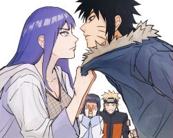 !? 2boys 2girls artist_name black_hair blonde_hair blue_eyes blush closed_mouth clothes_grab facial_mark forehead_protector hyuuga_hinata jacket jacket_grab long_hair long_sleeves looking_at_another menma_(naruto) multiple_boys multiple_girls naruto:_road_to_ninja naruto_(series) naruto_shippuuden notane_n open_clothes open_jacket open_mouth purple_hair short_hair spiked_hair upper_body uzumaki_naruto whisker_markings white_background
