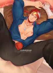 1boy bandaged_arm bandages bara bare_pectorals beard blue_shirt bulge collared_shirt commentary commission dog_tags english_commentary facial_hair headband indie_virtual_youtuber looking_at_viewer lying male_focus male_underwear multicolored_hair nipples on_back open_pants pants pectorals red_hair red_male_underwear ryuugen_drake scar scar_across_eye scar_on_face shirt sleeves_rolled_up solo streaked_hair twitter_username two-tone_hair underwear variant_set white_hair zhineart