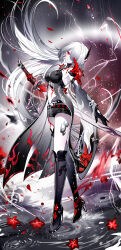 1girl absurdres acheron_(honkai:_star_rail) black_boots black_coat black_gloves black_shorts boots breasts coat commentary_request detached_sleeves flower gloves hair_ornament hair_over_one_eye high_heel_boots high_heels highres honkai:_star_rail honkai_(series) katana leg_tattoo long_hair long_sleeves looking_at_viewer medium_breasts midriff navel official_alternate_color rain red_eyes red_flower revision scabbard sheath sheya short_shorts shorts solo standing stomach sword tattoo very_long_hair weapon white_hair wide_sleeves