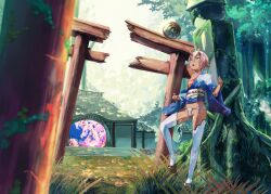 Rule 34 | 1girl, blue eyes, blue kimono, broken torii, dark-skinned female, dark skin, forest, fundoshi, horns, japanese clothes, kimono, marsk, nature, oni, open mouth, original, outdoors, petite, pink hair, playing games, pointy ears, short kimono, skin-covered horns, solo, thighhighs, white thighhighs