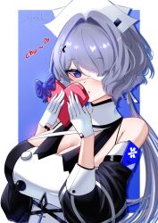 1girl absurdres arknights bare_shoulders black_dress blue_eyes blush breasts dress elbow_gloves eyepatch gloves hair_intakes hair_ornament hair_over_one_eye heterochromia highres large_breasts looking_at_viewer medical_eyepatch star_of_life whisperain_(arknights) xen0moonz