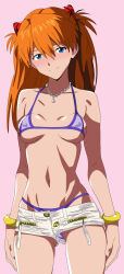 1girl bare_shoulders bikini bikini_under_clothes blue_eyes breasts curvy highres jaaaan legs_apart long_hair medium_breasts micro_bikini micro_shorts navel neon_genesis_evangelion open_clothes open_shorts orange_hair pink_background shiny_skin short_shorts shorts simple_background smile solo souryuu_asuka_langley standing stomach swimsuit thighs thong thong_bikini two_side_up wide_hips