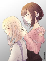 1girl 1other akiyama_mizuki bare_shoulders black_skirt blonde_hair blue_skirt blunt_bangs bow braid braiding_hair brown_eyes brown_hair clothing_cutout collared_shirt commentary_request cowboy_shot cross-laced_clothes cross-laced_skirt eyelashes frilled_skirt frilled_suspenders frills gradient_background grey_background hair_bow hair_over_shoulder hairdressing happy high-waist_skirt high_collar highres long_hair long_sleeves maonokiuro open_mouth pink_ribbon pink_shirt pointy_nose project_sekai ribbon shinonome_ena shirt short_hair shoulder_cutout side_braid sidelocks single_braid skirt smile suspender_skirt suspenders twitter_username upper_body wavy_hair white_bow white_shirt
