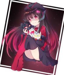 1girl animification black_hair boots chibi dark_persona gradient_hair highres holding holding_toy humanization long_hair looking_at_viewer multicolored_hair parted_lips red_eyes red_hair sailor_collar sitting smile solo taro_(ultrataro) thigh_boots thighhighs tokusatsu toy ultra_series ultraman_geed ultraman_geed_(series) ultraman_geed_darkness ultraman_r/b ultraman_taiga_(series) ultraman_zero ultraman_zero_darkness ultrawoman_grigio ultrawoman_grigio_darkness very_long_hair
