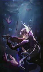 1girl absurdres blue_dress bow_(music) bubble commentary dress fish hair_ornament highres holding holding_bow_(music) holding_instrument holding_violin honkai:_star_rail honkai_(series) hysilens_(honkai:_star_rail) instrument long_hair music playing_instrument purple_hair ruo_(ruooqq) solo underwater violin