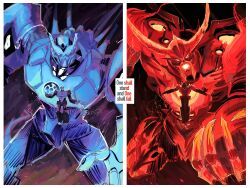 absurdres blue_lantern commentary crossover dc_comics english_commentary english_text extra_eyes floating green_lantern_(series) head_tilt highres horns mecha megatron open_mouth optimus_prime primus_(transformers) primusibi red_lantern robot science_fiction t-pose transformers unicron v-fin