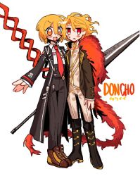 2girls black_coat black_pants black_shoes blonde_hair brown_shoes coat collared_shirt don_quixote_(project_moon) feather_boa full_body limbus_company long_sleeves looking_at_viewer multiple_girls necktie nr6nzqrcgf60864 open_mouth pants parted_bangs project_moon red_eyes red_necktie sancho_(project_moon) shirt shoes short_hair simple_background standing white_background white_pants white_shirt yellow_eyes