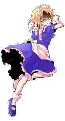 1girl alphes_(style) apron arm_at_side ascot bare_arms blonde_hair blue_shoes bobby_socks closed_mouth commentary_request dairi dress frilled_dress frills full_body highres large_variant_set maid maid_headdress mary_janes mugetsu_(touhou) parody puffy_short_sleeves puffy_sleeves red_ascot shaded_face shoes short_hair short_sleeves socks solo style_parody touhou touhou_(pc-98) transparent_background variant_set waist_apron white_apron white_socks yellow_eyes