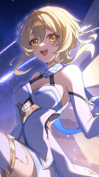 1girl bare_shoulders blonde_hair breasts cleavage dress flower genshin_impact hair_between_eyes hair_flower hair_ornament highres lumine_(genshin_impact) medium_breasts medium_hair missing_commentary open_mouth signature smile so_zei_tama_tama solo teeth thighs upper_teeth_only white_dress yellow_eyes
