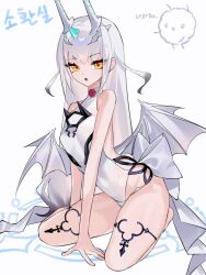 1girl :o breasts dragon_wings fate/grand_order fate_(series) highres horns long_hair low_wings melusine_(fate) melusine_(swimsuit_ruler)_(fate) melusine_(swimsuit_ruler)_(second_ascension)_(fate) one-piece_swimsuit open_mouth seiza siho_is_alien sitting small_breasts solo swimsuit white_background white_hair white_one-piece_swimsuit wings yellow_eyes