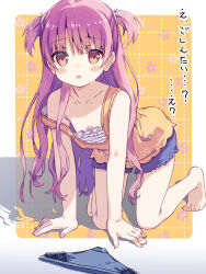 1girl :o akayama_yukihe all_fours areola_slip bare_arms bare_shoulders barefoot blue_shorts blush blush_stickers border breasts brown_eyes camisole cleavage collarbone denim denim_shorts downblouse drop_shadow eyelashes eyes_visible_through_hair feet floral_print frilled_shirt frills full_body hair_between_eyes hair_ribbon highres katou_umi legs long_hair looking_at_viewer nipple_slip nipples open_mouth orange_shirt purple_hair red_eyes ribbon shadow shirt short_shorts shorts sidelocks simple_background sleeveless sleeveless_shirt small_breasts solo straight-on strap_slip summer_pockets toes two_side_up very_long_hair white_background white_border white_ribbon yellow_background