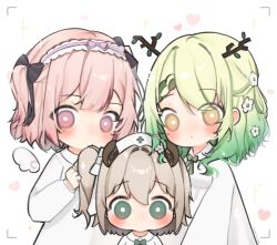 3girls :/ angel_wings animal_ears artist_name black_bow blush bow bowtie braid braided_bangs branch bright_pupils brown_eyes brown_hair ceres_fauna chibi chibi_only closed_mouth collared_dress commentary detached_wings dress english_commentary flower frilled_hairband frills green_bow green_bowtie green_eyes green_hair hair_between_eyes hair_bow hair_flower hair_ornament hairband hat heart highres hololive hololive_english indie_virtual_youtuber leaf lemonleaf long_sleeves looking_at_viewer medium_hair mini_wings mole mole_under_eye multiple_girls nimi_nightmare nurse_cap one_side_up pink_eyes pink_hair rinrihime tapir_ears tapir_girl upper_body viewfinder virtual_youtuber white_dress white_flower white_pupils wings