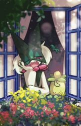 closed_mouth commentary_request creatures_(company) curtains fang floating floating_object flower furry game_freak green_fur hand_on_own_cheek hand_on_own_face head_rest highres leaf leaning_forward leaning_out_of_window looking_at_another mask meowscarada nintendo olive one_eye_closed open_mouth open_window outdoors pawpads plant pokemon pokemon_(creature) potted_plant red_eyes red_flower sleeping sleepy smoliv sstoh tears teeth tongue wavy_mouth window yawning yellow_flower