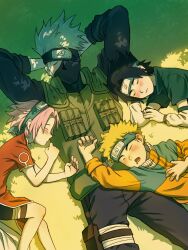 Rule 34 | 1girl, 3boys, arms behind head, bandaged leg, bandages, black hair, black mask, black pantyhose, black shirt, black shorts, blonde hair, blush, closed eyes, dress, drooling, feet out of frame, grass, green vest, grey hair, haruno sakura, hatake kakashi, headband, highres, jumpsuit, long sleeves, mouth drool, multiple boys, naruto (classic), naruto (series), one eye covered, open mouth, orange jumpsuit, pantyhose, parted bangs, pelvic curtain, pink hair, reclining, red dress, shirt, shirt under shirt, short hair, short sleeves, shorts, sleeping, spiked hair, trano 613, uchiha sasuke, uzumaki naruto, vest, white shirt