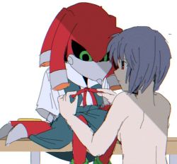 ayanami_rei bare_back bench bendedede dressing_another green_eyes metal_knuckles neon_genesis_evangelion nude robot school_uniform sonic_(series) sonic_r sonic_the_hedgehog_(classic) tokyo-3_middle_school_uniform what