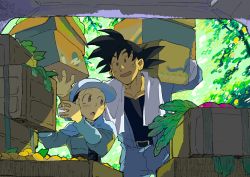 10s 1boy 1girl :d ariyoshi_(muff2242) baseball_cap belt black_eyes black_hair box carrying_over_shoulder chi-chi_(dragon_ball) day dragon_ball dragon_ball_super dragonball_z expressionless food hat height_difference jacket long_sleeves looking_back looking_up nature open_mouth outdoors pants pov radish shaded_face short_hair slice_of_life smile son_goku spiked_hair towel towel_around_neck tree vegetable