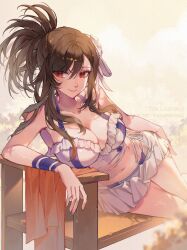 Rule 34 | 1girl, bare shoulders, bikini, breasts, brown hair, cleavage, collarbone, final fantasy, final fantasy vii, final fantasy vii rebirth, final fantasy vii remake, highres, large breasts, long hair, navel, official alternate costume, on bench, orange sekaii, red eyes, smile, solo, stomach, swimsuit, thighs, tifa lockhart, tifa lockhart (shining spirit), white bikini