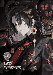 1boy absurdres artist_name black_hair black_jacket black_shirt brooch bug butterfly butterfly_hair_ornament character_name chibi chibi_inset collared_shirt commentary_request earrings gem hair_ornament highres indoors insect jacket jewelry looking_at_viewer male_focus mole mole_under_eye multiple_earrings nana_tetra necktie open_mouth original ponytail red_eyes red_gemstone red_necktie shirt short_ponytail solo upper_body watch wristwatch