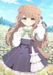 1girl animal_ears blue_skirt blue_sky blush bow bowtie closed_mouth collared_shirt commentary commission cowboy_shot day dog_ears dog_girl dog_tail field flower flower_field frilled_skirt frills green_bow green_bowtie green_eyes hand_up highres long_hair long_sleeves looking_at_viewer original outdoors red_hair shirt skeb_commission skirt sky solo tail tyomimas white_shirt