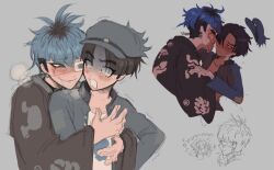 2boys black_hair black_kimono blue_hair blue_hat blue_jacket blush chibi commentary english_commentary eyepatch grey_background hand_on_another&#039;s_face hat heavy_breathing hug jacket japanese_clothes kimono looking_at_another maruko_gaku medical_eyepatch multicolored_hair multiple_boys newsboy_cap omokage_yugamu one_eye_covered open_clothes open_jacket printerrrpng profile red_eyes simple_background sweat the_hundred_line_-last_defense_academy- tongue tongue_out two-tone_hair yaoi