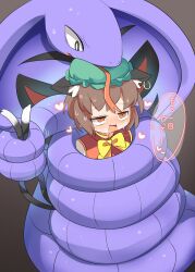 1girl animal_ear_piercing animal_ears arbok blush bow bowtie brown_background brown_hair cat_ears cat_girl cat_tail chen commentary_request constriction dashed_eyes earrings forked_tongue gen_1_pokemon green_hat hat highres jewelry lets0020 mob_cap multiple_tails nintendo open_mouth orange_eyes pokemon pokemon_(creature) red_vest short_hair simple_background single_earring snake solo tail tongue touhou translation_request two_tails upper_body vest yellow_bow yellow_bowtie