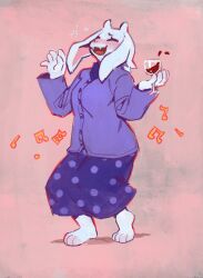 1girl alcohol animal_ears barefoot beamed_eighth_notes blush closed_eyes collared_shirt cup deltarune dizzy drinking_glass drunk eyelashes fangs furry furry_female goat_ears goat_girl goat_horns highres holding holding_cup horns laughing music musical_note open_mouth pink_background polka_dot polka_dot_skirt purple_shirt purple_skirt red_wine shirt skin_fangs skirt snout spilling spoilers starcat_bloom toriel white_fur wine wine_glass