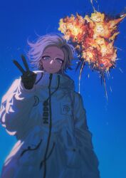 1boy absurdres aotsuki_eito black_gloves blue_background blue_sky breast_pocket cowboy_shot drawstring explosion glasses gloves grey_eyes grey_hair hand_up highres jacket looking_at_viewer male_focus oishikunatte_shintoujou pocket short_hair sky smile solo the_hundred_line_-last_defense_academy- v white_jacket wind