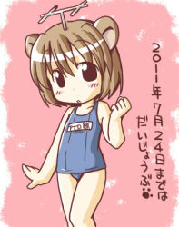 Rule 34 | 1girl, analoguma, brown hair, female focus, japan commercial broadcasters association, lowres, mukyu (artist), mukyuu (mukyu&#039;s paradise), one-piece swimsuit, school swimsuit, solo, swimsuit, translated
