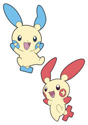 :d absurdres black_eyes commentary_request gen_3_pokemon happy highres masami_01st minun nintendo no_humans open_mouth outstretched_arms plusle pokemon pokemon_(creature) simple_background smile tongue white_background