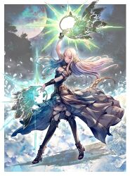 1girl au_ra black_thighhighs blunt_bangs breasts chakram cleavage dancer_(final_fantasy) dragon_horns dragon_tail artistic_error final_fantasy final_fantasy_xiv high_heels highres horns long_hair looking_at_viewer medium_breasts red_eyes shukei solo tail thighhighs toeless_footwear warrior_of_light_(ff14) weapon white_hair wrist_cuffs wrong_foot