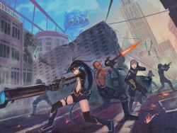Rule 34 | assault rifle, barcode, barcode tattoo, battle, belt, bikini, bikini top only, black hair, black jacket, black rock shooter, black rock shooter (character), black rock shooter (game), black shorts, blue fire, boots, building, city, drone, fire, flaming eye, glowing, glowing eye, gun, highres, jacket, jade (hisui syou), long hair, military combat uniform, military uniform, multiple boys, rifle, rock cannon, shorts, soldier, stella (black rock shooter), swimsuit, tattoo, twintails, uneven twintails, weapon