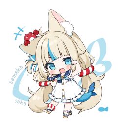 Rule 34 | +++, :3, :d, ahoge, animal ears, ankle bow, ankle ribbon, aqua bow, aqua eyes, aqua hair, bare arms, blonde hair, blue sailor collar, blue scrunchie, blue tail, blunt bangs, blush, bow, bowtie, brooch, buttons, cat ears, character name, chibi, chibi only, clenched hands, commentary, crab, crab on head, dress, english commentary, fangs, fins, fish girl, fish tail, frilled sailor collar, frills, full body, hands up, highres, indie virtual youtuber, jewelry, kaniki (sameko saba), leg ribbon, lifebuoy hair ornament, long hair, looking at viewer, low twintails, midriff, multicolored hair, navel, open clothes, open mouth, paw pose, ribbon, sailor collar, sameko saba, sandals, scrunchie, shouu-kun, sleeveless, sleeveless dress, smile, standing, standing on one leg, streaked hair, tail, twintails, two-tone hair, v-shaped eyebrows, very long hair, virtual youtuber, white background, white dress, wrist scrunchie, yellow brooch