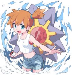 1girl blue_eyes blush brown_hair collarbone crop_top denim denim_shorts gen_1_pokemon gym_leader highres holding holding_poke_ball looking_at_viewer misty_(pokemon) navel nintendo open_mouth poke_ball poke_ball_(basic) pokemon pokemon_(creature) pokemon_lgpe short_hair shorts smile starmie yokoyoko_(nazonazo)