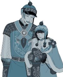 1boy 1girl beanie black_hair blue_hair capelet commentary_request floyd_leech hat highres mittens n0_2434 pom_pom_(clothes) pom_pom_beanie robe short_hair simple_background twisted_wonderland upper_body white_background yuu_(twisted_wonderland)