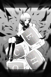 1girl arm_rest bob_cut closed_mouth commentary_request copyright_name echo_(vocaloid) full_body gloves greyscale half_gloves high_contrast highres indie_utaite inverted_bob kneehighs letterboxed loafers looking_at_viewer medium_skirt monochrome own_hands_together pleated_skirt reol sailor_collar school_uniform shirt shoes short_hair sitting skinny skirt socks solo television triangle upturned_eyes utaite vocaloid yun_(sawa-i)